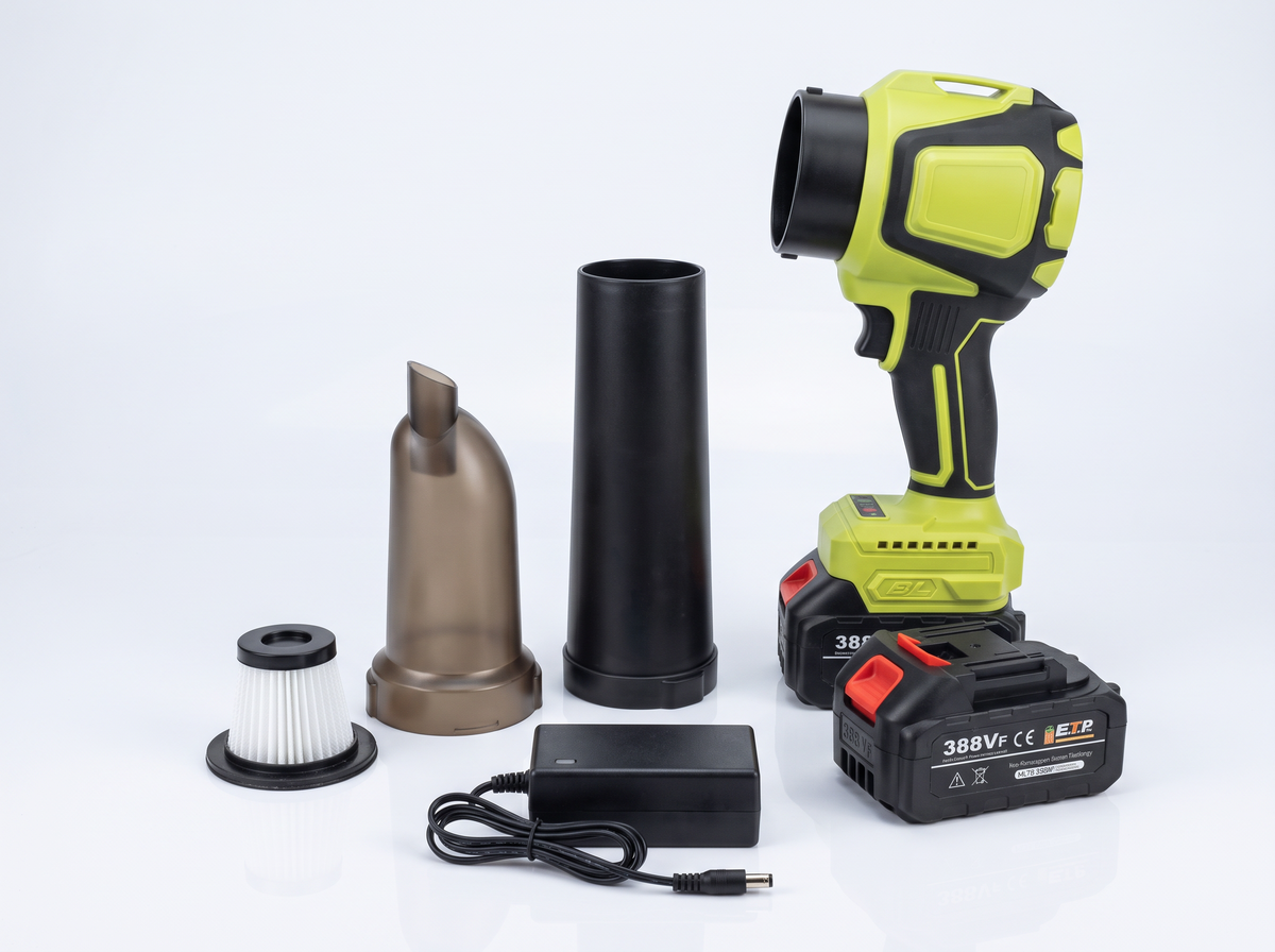 VortexJet PRO 2.0 complete kit: cordless blower, barrel extension, vacuum canister, washable filter, 2 batteries and charger