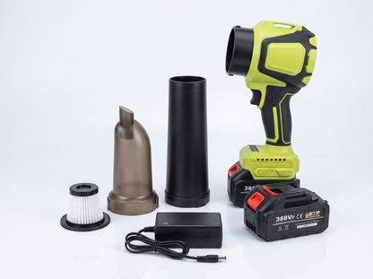 VortexJet PRO 2.0 complete kit: cordless blower, barrel extension, vacuum canister, washable filter, 2 batteries and charger