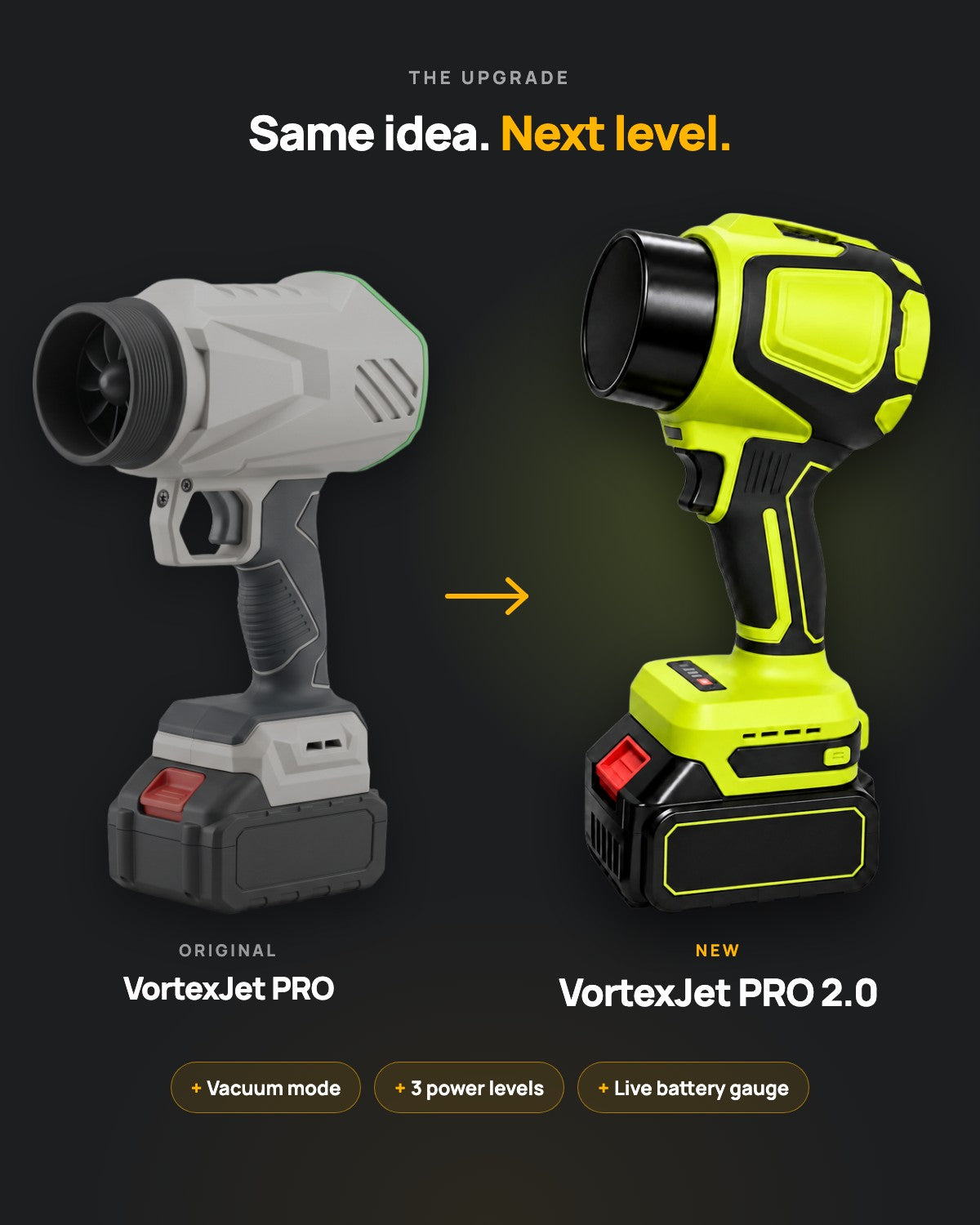 The original VortexJet PRO next to the new VortexJet PRO 2.0, which adds vacuum mode, 3 power levels and a live battery gauge.